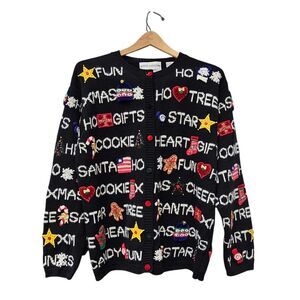 Marisa Chistina Vtg 3D Christmas Cardigan Sweater XL Festive Words Embroidered